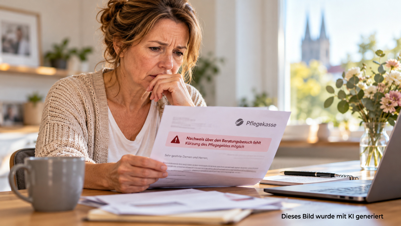 Beitragsbild zum Blog Pflegegeld Kürzung droht - Eine Frau schaut besorgt auf einen Bescheid der Pflegekasse